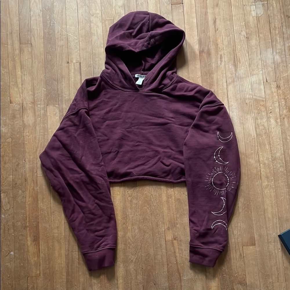 Burgundy Cropped Hoodie with Sun and Moon Design